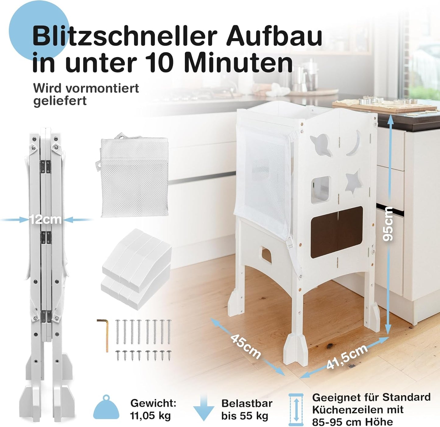 Klappbarer Lernturm mit 360° Sicherheitsnetz für Rundumschutz