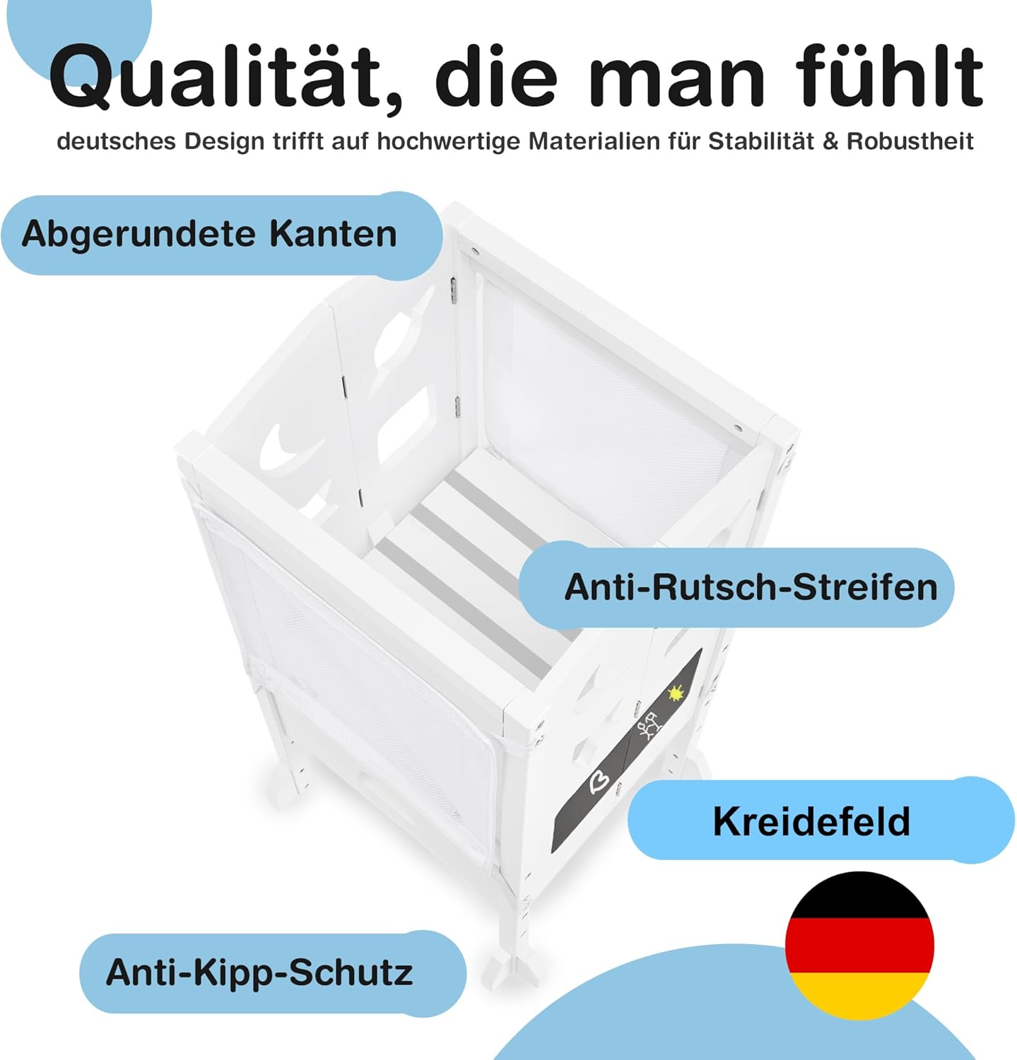 Klappbarer Lernturm mit 360° Sicherheitsnetz für Rundumschutz