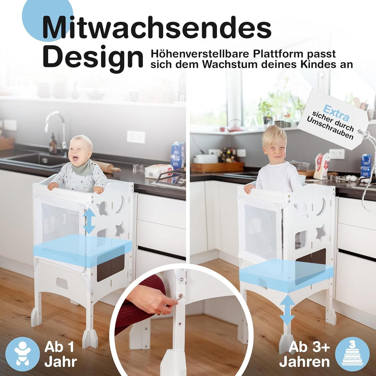 Klappbarer Lernturm mit 360° Sicherheitsnetz für Rundumschutz