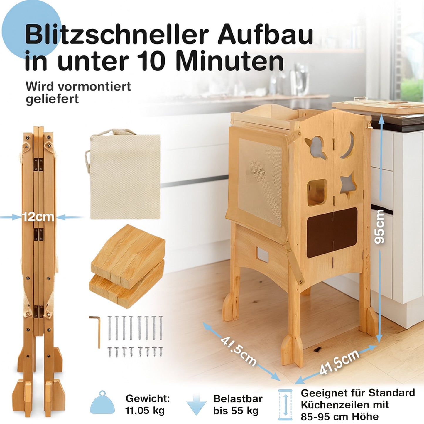 Klappbarer Lernturm mit 360° Sicherheitsnetz für Rundumschutz