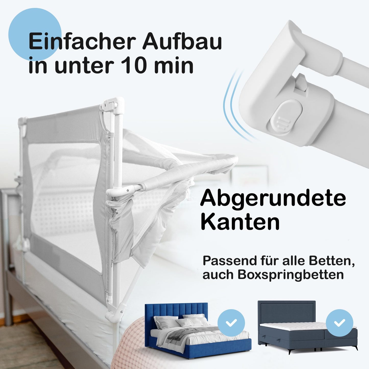 BabybeFun Beistellbett Baby [Stillen im eigenen Elternbett] Babybett für Boxspringbett und normales Bett mit Überrollschutz [Extra Sicher] Rausfallschutz Bett | Kinderbett Alternative