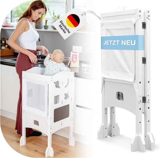 Lernturm ab 1 Jahr - [Extra Sicher] Montessori Lernturm klappbar inkl. Sicherheitsnetz Küchenhelfer | Kochen Backen Zähne putzen | für Kinder 1-5 Jahre