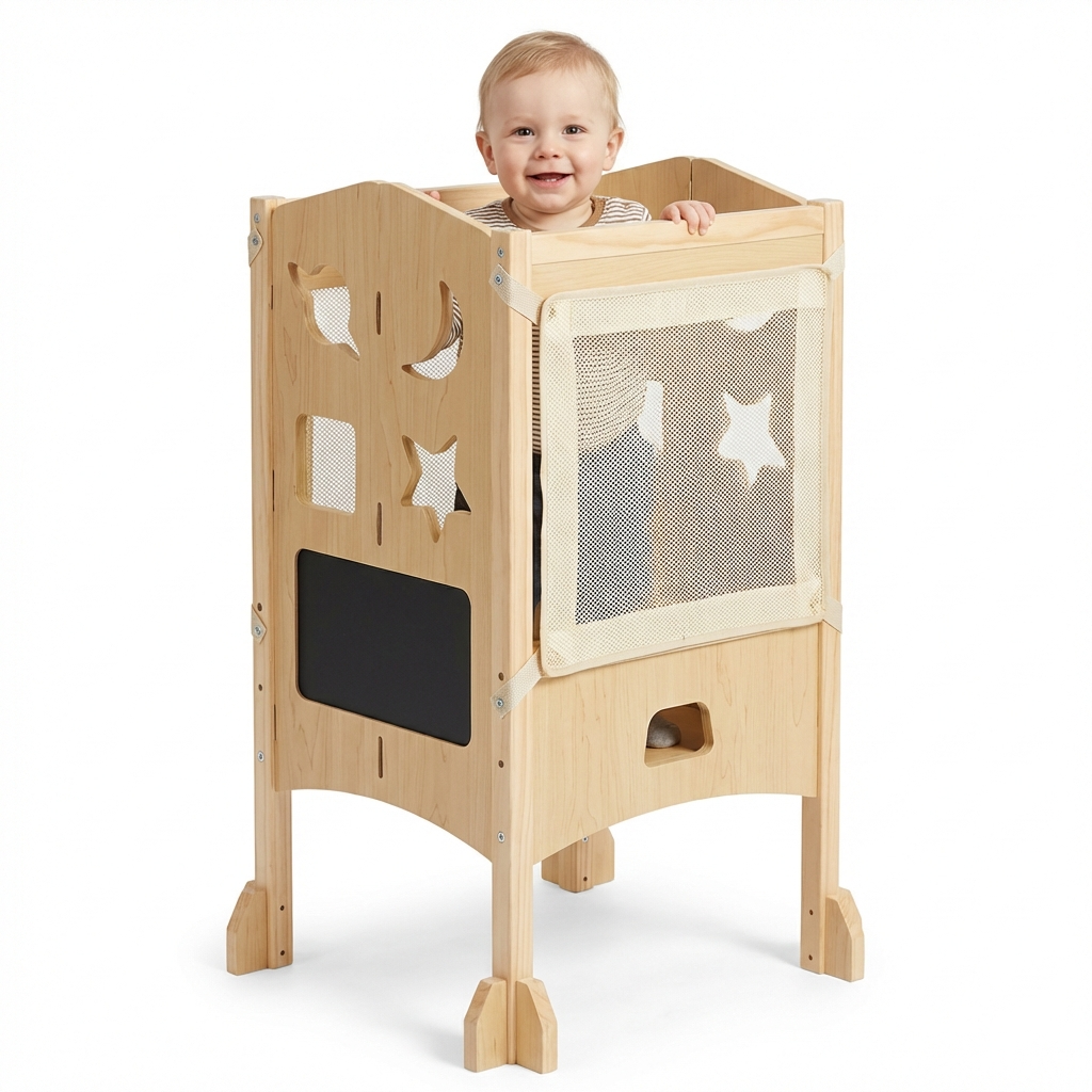 Klappbarer Lernturm mit 360° Sicherheitsnetz für Rundumschutz