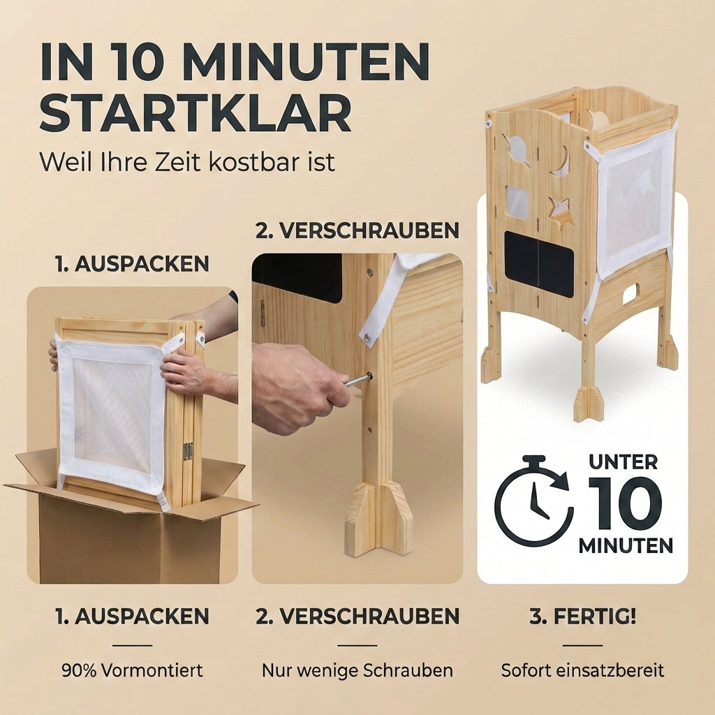 Klappbarer Lernturm mit 360° Sicherheitsnetz für Rundumschutz